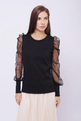 Блузка Черная трикотажная блузка с прозрачными рукавами от Liqui