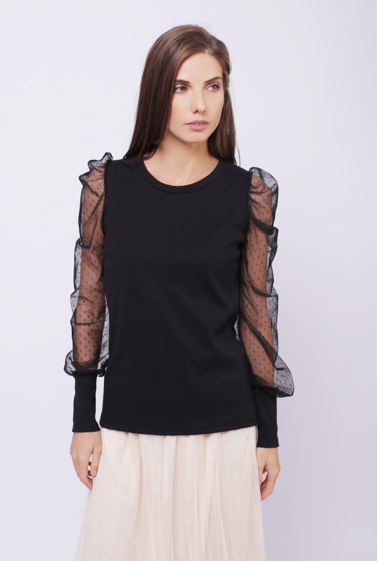 Черная трикотажная блузка с прозрачными рукавами от Liqui
