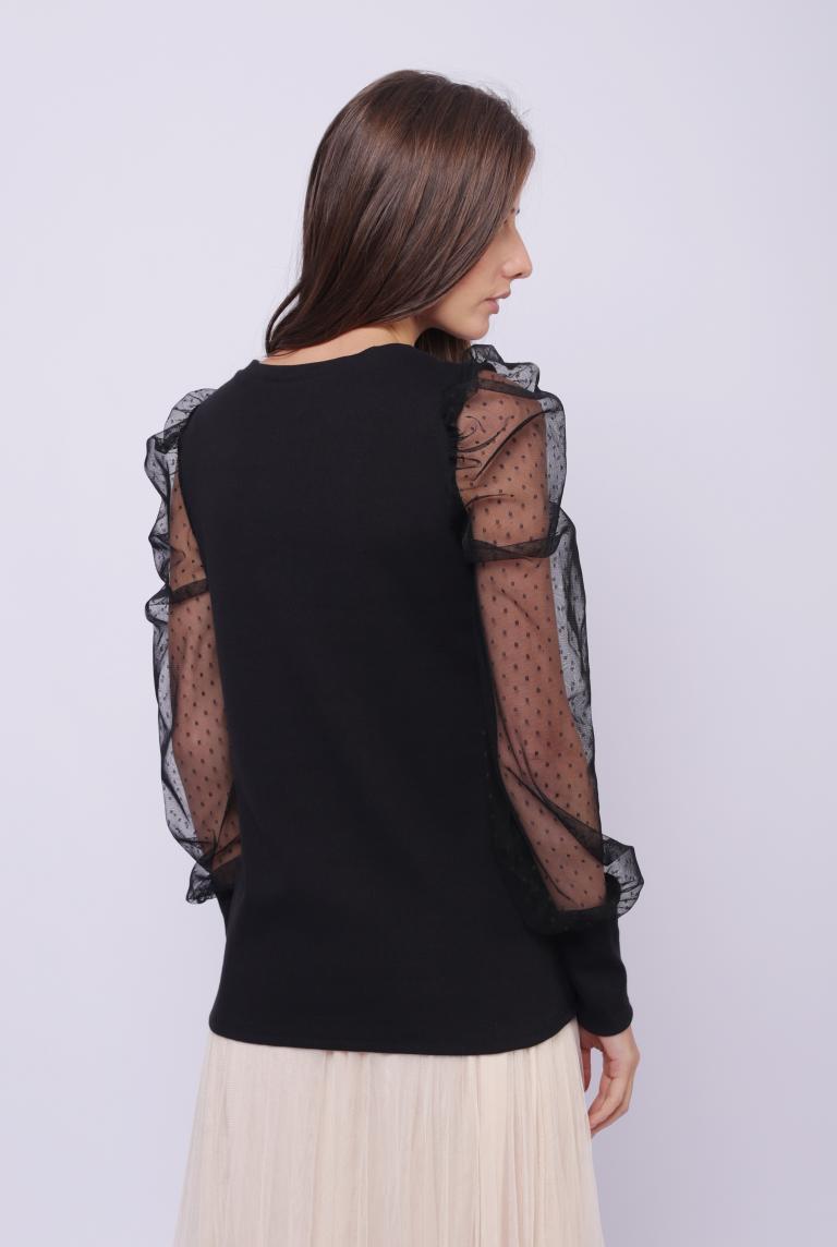 Черная трикотажная блузка с прозрачными рукавами от Liqui