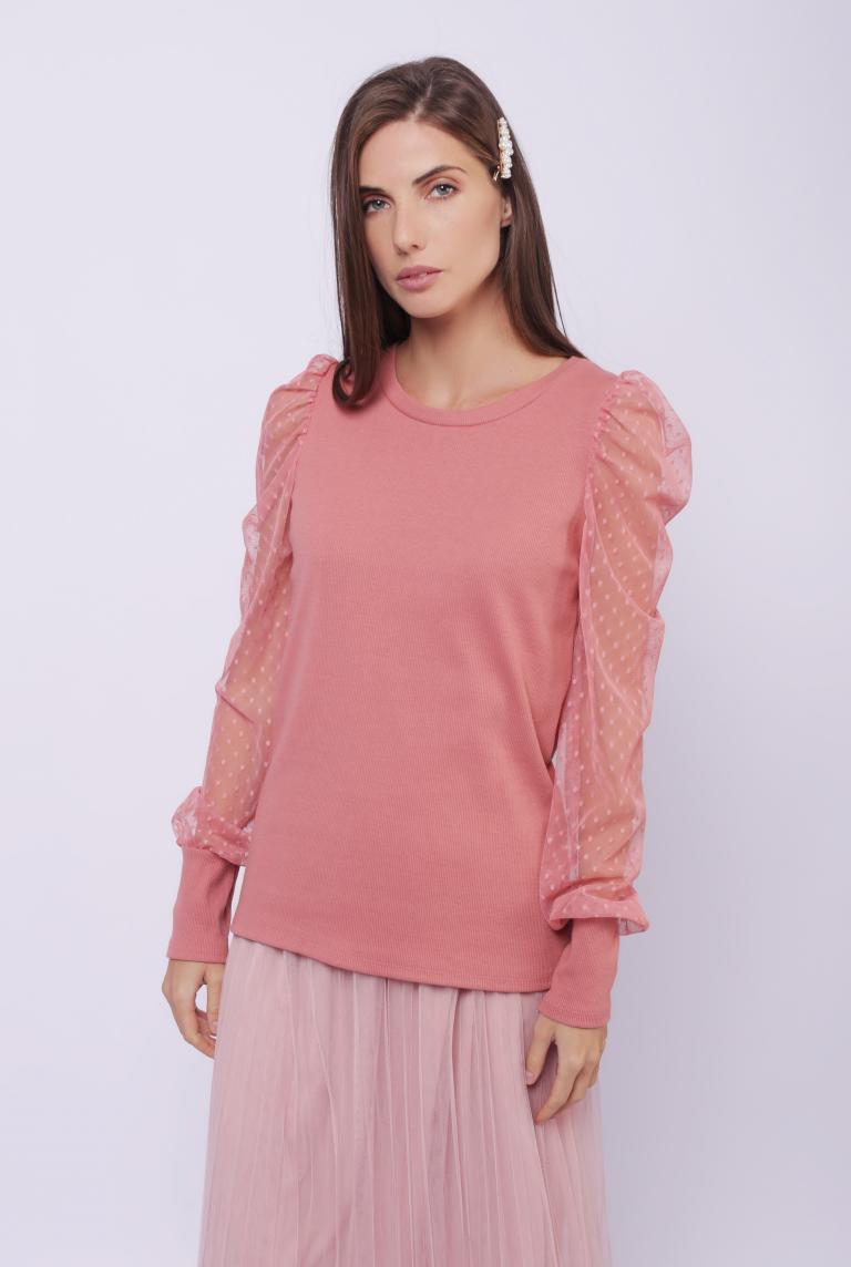 Темно-розовая трикотажная блузка с прозрачными рукавами от Liqui