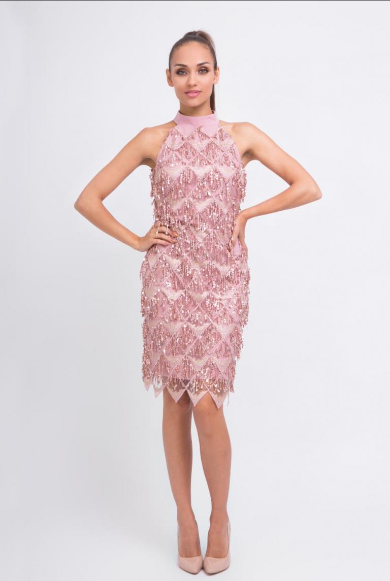 Блестящее розовое платье с пайетками и бахромой от Anetty
