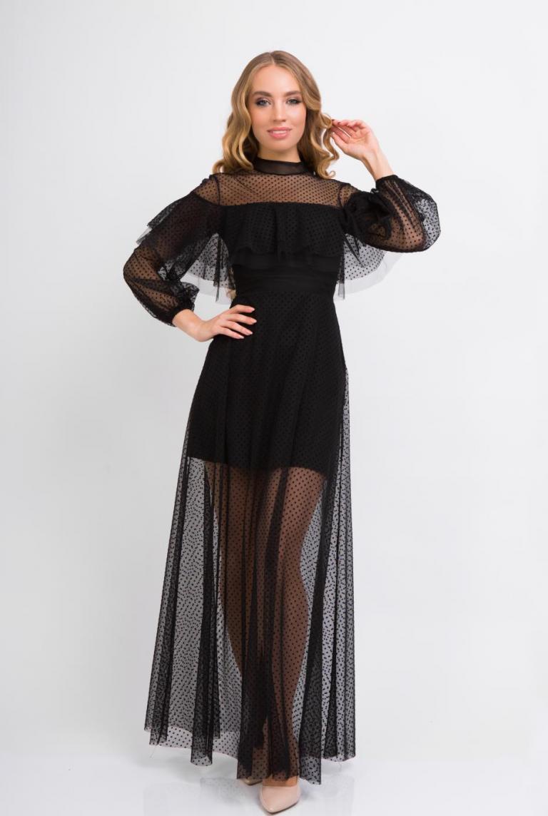 Полупрозрачное черное платье с рукавом от Anetty