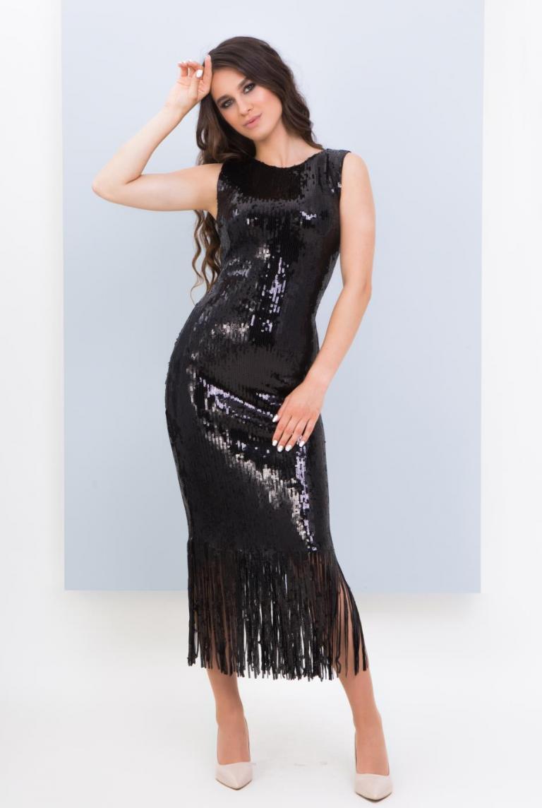 Черное платье миди с блестящей бахромой от Anetty