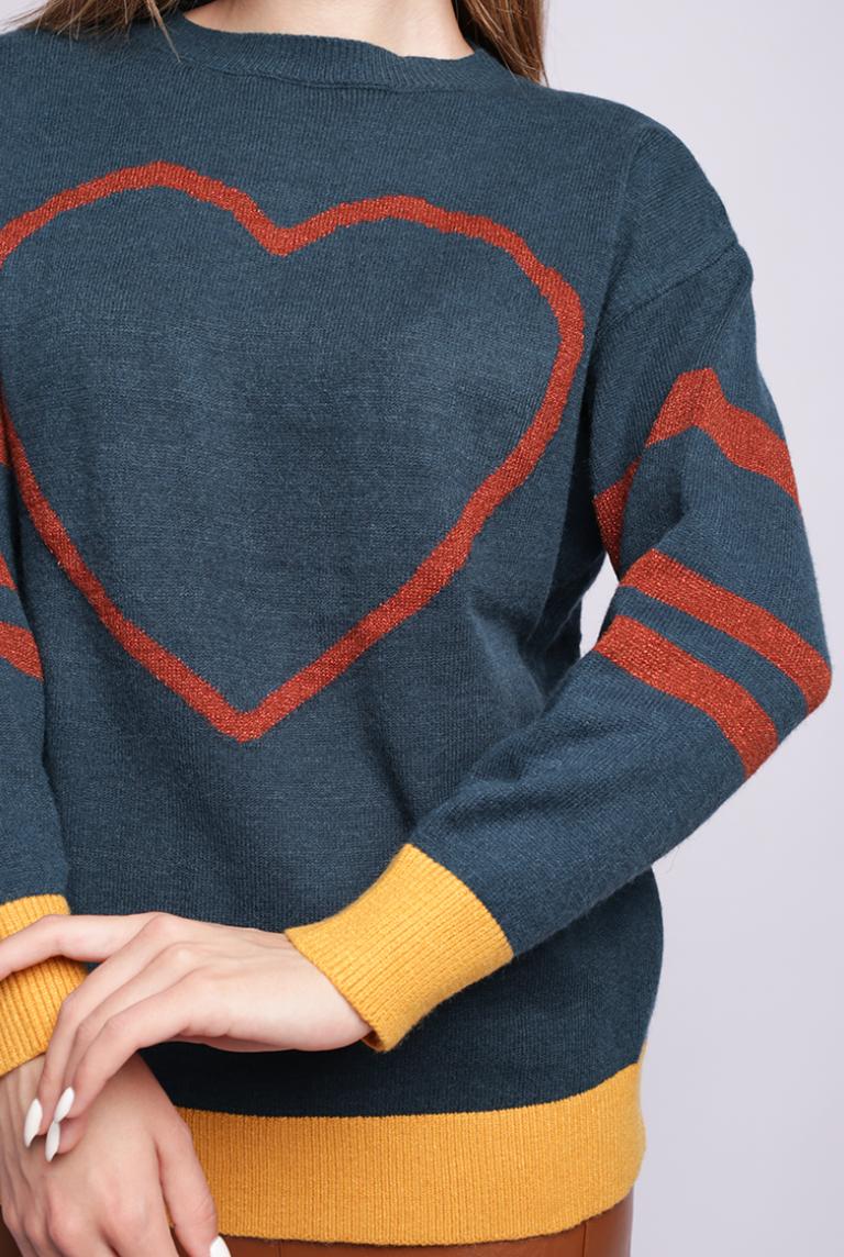 Джемпер с принтом "Сердце" темно-бирюзового цвета от Bluoltre